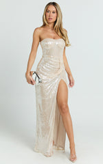 Delilah Maxi Dress - Sequin Strapless High Leg Split Fitted Dress in Gold