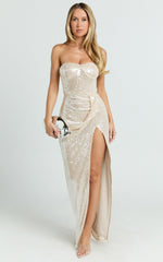 Delilah Maxi Dress - Sequin Strapless High Leg Split Fitted Dress in Gold