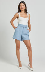 Delilah Shorts - High Waist Belted A Line Tweed Shorts in Blue