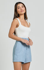 Delilah Shorts - High Waist Belted A Line Tweed Shorts in Blue
