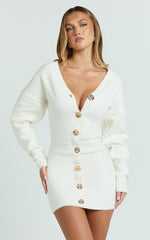 Demelza Mini Dress - Knit Button Down Blouson Cardigan Mini Dress in Cream