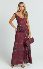 Demetria Midi Dress - Floral Mesh Printed Bodycon Dress in Burgundy Rose