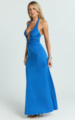 Denise Maxi Dress - Halter U Ruched Neck Cut Out Jersey Dress in Blue
