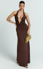 Denise Maxi Dress - Halter U Ruched Neck Cut Out Jersey Dress in Chocolate