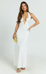 Denise Maxi Dress - Halter U Ruched Neck Cut Out Jersey Dress in White
