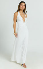 Denise Maxi Dress - Halter U Ruched Neck Cut Out Jersey Dress in White