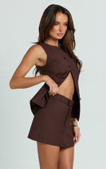 Desi Mini Skirt - Tailored Mid Waisted Skirt in Chocolate