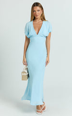 Desiree Midi Dress - V Neck Flutter Short Sleeve Slip Dress in Blue