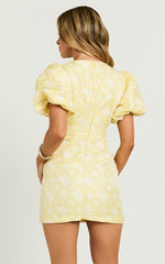 Diana Mini Dress - Jacquard Short Sleeve Cut Out Dress in Lemon