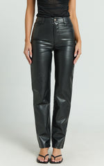 Dilyene Pants - Mid Waist Straight Leg Faux Leather Pants in Black