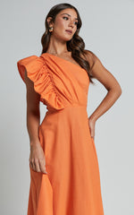 Dixie Midi Dress - Linen Look One Shoulder Ruffle Dress in Orange