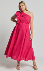 Dixie Midi Dress - Linen Look One Shoulder Ruffle Dress in Raspberry