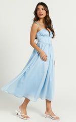 Dolores Midi Dress - Strappy Ruched Bust Corset Waist Dress in Blue