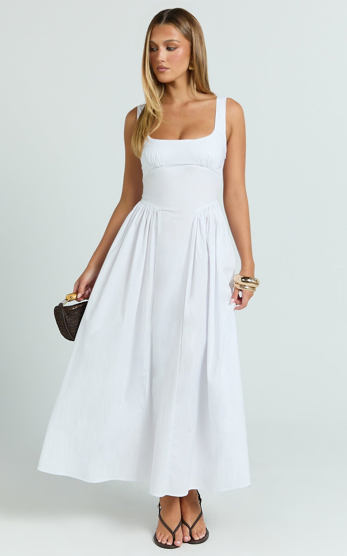 Donatella Midi Dress - Ruched Bust Fit And Flare Dress in White