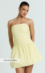 Donatella Mini Dress - Strapless Drop Waist Dress in Lemon