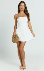 Donatella Mini Dress - Strapless Drop Waist Dress in White
