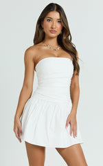 Donatella Mini Dress - Strapless Drop Waist Dress in White