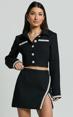 Donatella Mini Skirt - Boucle Pearl Trim Side Split Mini Skirt in Black