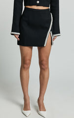 Donatella Mini Skirt - Boucle Pearl Trim Side Split Mini Skirt in Black