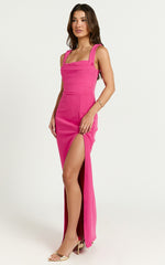 Donna Maxi Dress - Cowl Neck Column High Split Dress in Hot Pink