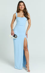 Donna Maxi Dress - Cowl Neck Column High Split Dress in Soft Blue