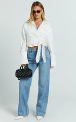 Duncan Top - Long Sleeve Wrap Waist Cropped Shirt in White