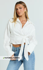 Duncan Top - Long Sleeve Wrap Waist Cropped Shirt in White