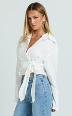 Duncan Top - Long Sleeve Wrap Waist Cropped Shirt in White