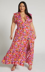 Dyliah Maxi Dress - Thigh Split Frill Shoulder Plunge Neck Dress in Spring Floral