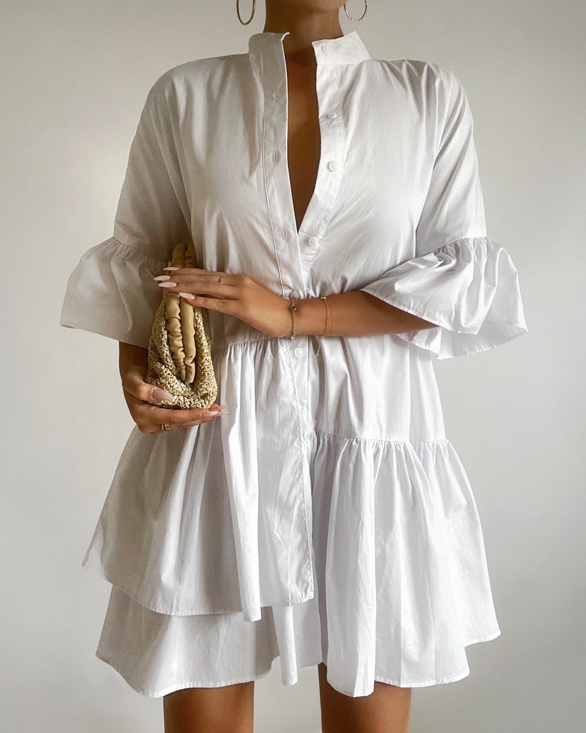 Elowen Mini Dress - Button Up Asymmetrical Tiered Smock Dress in White