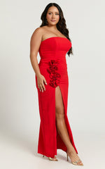 Ebby Maxi Dress - Strapless Rosette Thigh Split Dress in Red