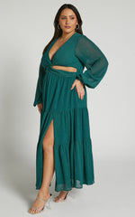 Edelyn Midi Dress - Cut Out Balloon Sleeve Tiered Dress in Emerald