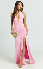 Eden Maxi Dress - Plunge Halter Neck Cut Out Bodycon Dress in Pink