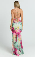 Edwina Maxi Dress - Georgette Cowl Neck Sheer Skirt Dress in Abstract Floral