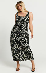 Elanora Midi Dress - Scoop Neck Keyhole Front Empire Waist Bias Cut Slip Dress in Black Wildflower