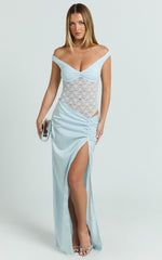 Elara Maxi Dress - Lace Ruched Side Split Dress in Soft Blue