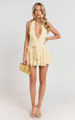 Eleonor Mini Dress - Halter Plunge Ruched  Fit And Flare Dress in Lemon