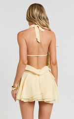 Eleonor Mini Dress - Halter Plunge Ruched  Fit And Flare Dress in Lemon