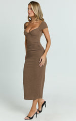 Elia Midi Dress - Cap Sleeve Sweetheart Underwire Fitted Dress in Brown