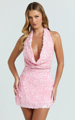 Elle Mini Dress - Cowl Halter Neck Sequin Bodycon Dress in Pink