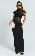 Ellen Maxi Dress - Lace Square Neck Contrast Skirt Dress in Black