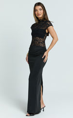 Ellen Maxi Dress - Lace Square Neck Contrast Skirt Dress in Black