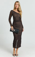 Ellen Midi Dress - Asymmetric Mesh Ruched Bodycon Dress in Brown