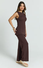 Elodie Two Piece Set - Rib Knit Top and Pant Set in Chocolate
