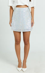 Elswyth Mini Skirt - Side Split Sequin Skirt in Silver