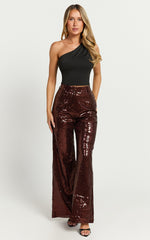 Elswyth Pants - Tailored Wide Leg Sequins Pants in Chocolate