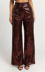 Elswyth Pants - Tailored Wide Leg Sequins Pants in Chocolate