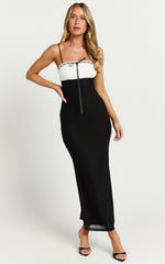 Emelia Midi Dress - Strappy Straight Neck Ruched Bust Dress in Black