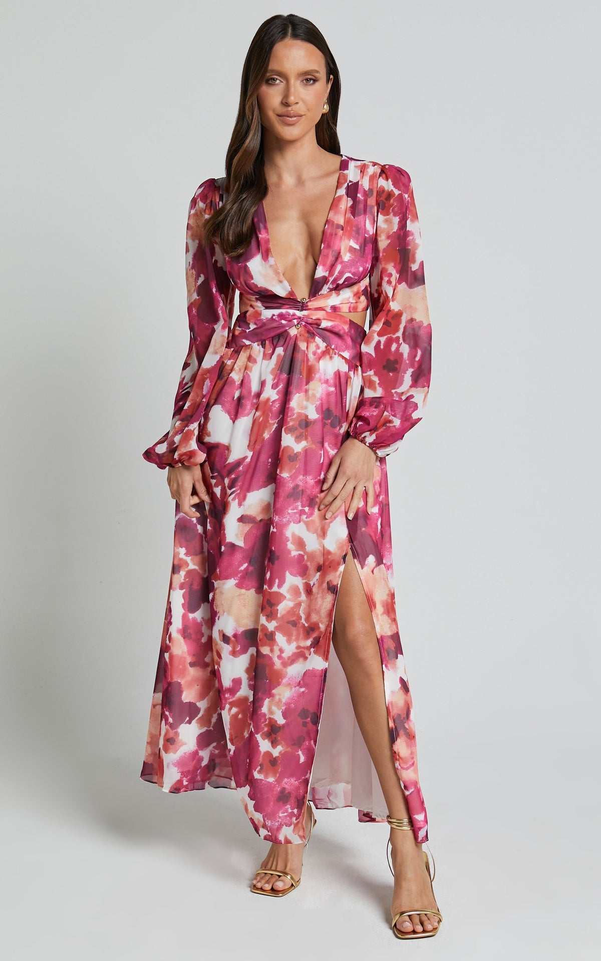 Emilee Midi Dress - Side Cut Out Long Sleeve Plunge Dress in Purple Floral