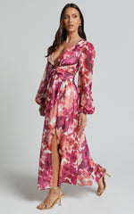 Emilee Midi Dress - Side Cut Out Long Sleeve Plunge Dress in Purple Floral